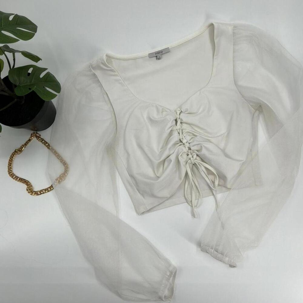 White lace-up sheer sleeve Crop-top